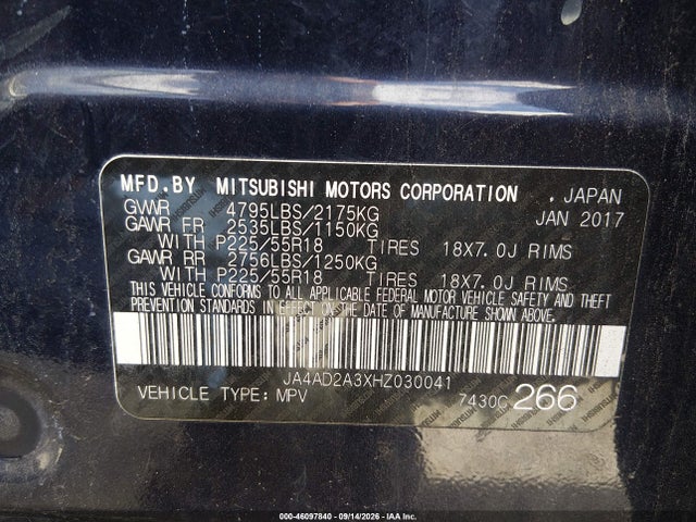 Продажа на аукционе авто 2017 Mitsubishi Outlander Es, vin: JA4AD2A3XHZ030041, номер лота: 46097840