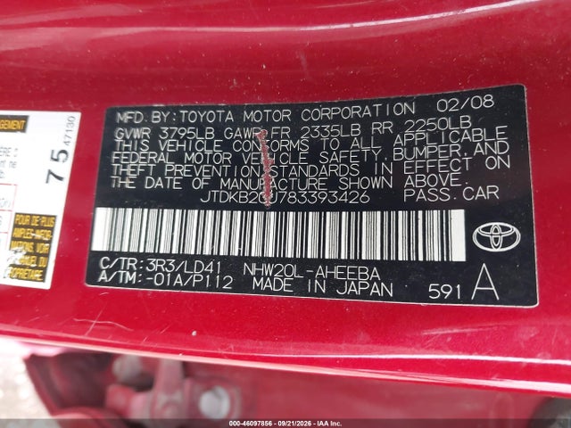 Продажа на аукционе авто 2008 Toyota Prius, vin: JTDKB20U783393426, номер лота: 46097856