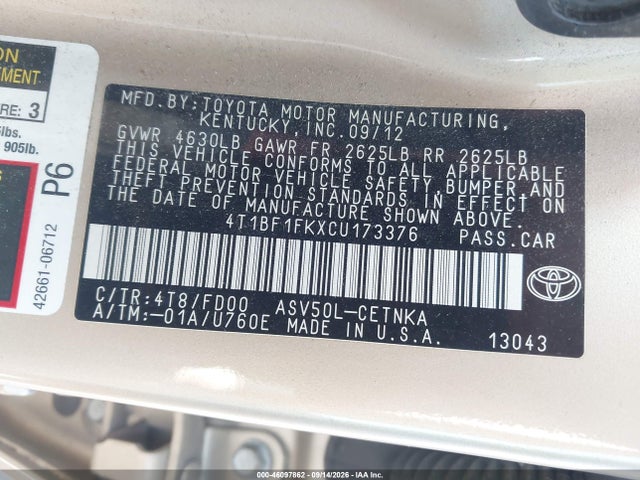 46097862 :رقم المزاد ، 4T1BF1FKXCU173376 vin ، 2012 Toyota Camry Le مزاد بيع
