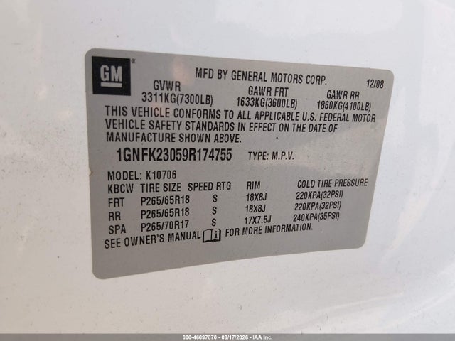 2009 Chevrolet Tahoe Lt2 მანქანა იყიდება აუქციონზე, vin: 1GNFK23059R174755, აუქციონის ნომერი: 46097870