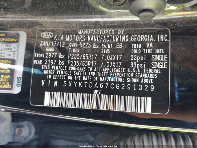 46097883 :رقم المزاد ، 5XYKTDA67CG291329 vin ، 2012 Kia Sorento Lx مزاد بيع