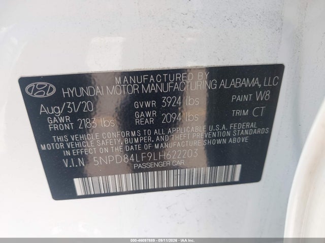 2020 Hyundai Elantra Sel მანქანა იყიდება აუქციონზე, vin: 5NPD84LF9LH622203, აუქციონის ნომერი: 46097889