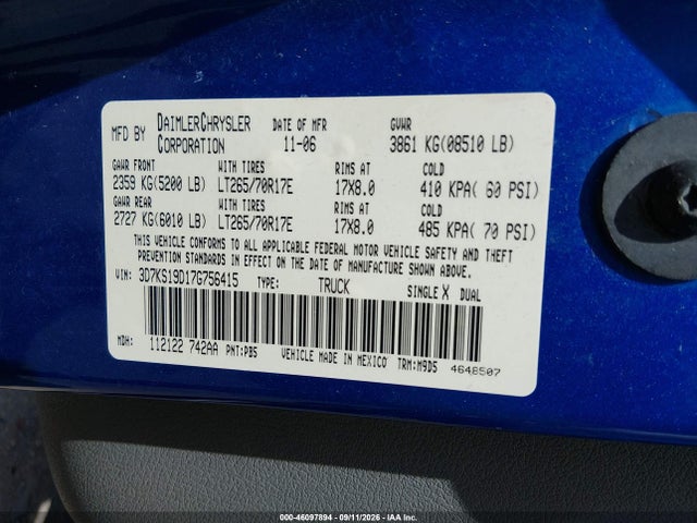 Продаж на аукціоні авто 2007 Dodge Ram 1500 Slt, vin: 3D7KS19D17G756415, номер лоту: 46097894