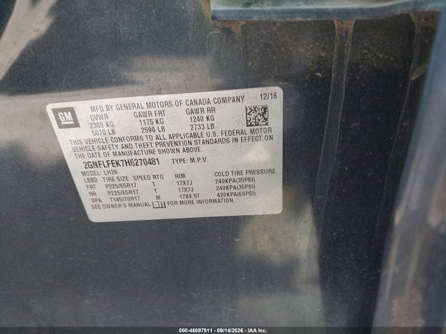 Продаж на аукціоні авто 2017 Chevrolet Equinox Lt, vin: 2GNFLFEK7H6270481, номер лоту: 46097911