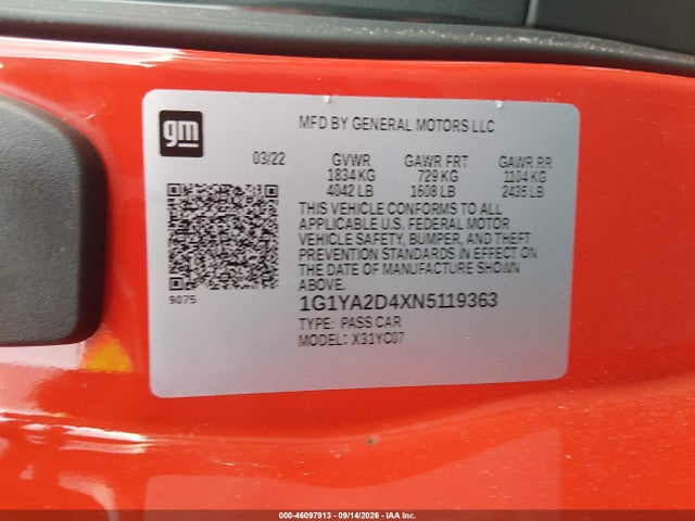 46097913 :رقم المزاد ، 1G1YA2D4XN5119363 vin ، 2022 Chevrolet Corvette Stingray Rwd  1lt مزاد بيع