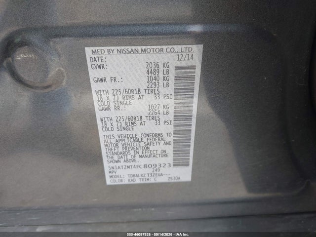Aukcja sprzedaży 2015 Nissan Rogue Sl, vin: 5N1AT2MT4FC809323, numer aukcji: 46097926