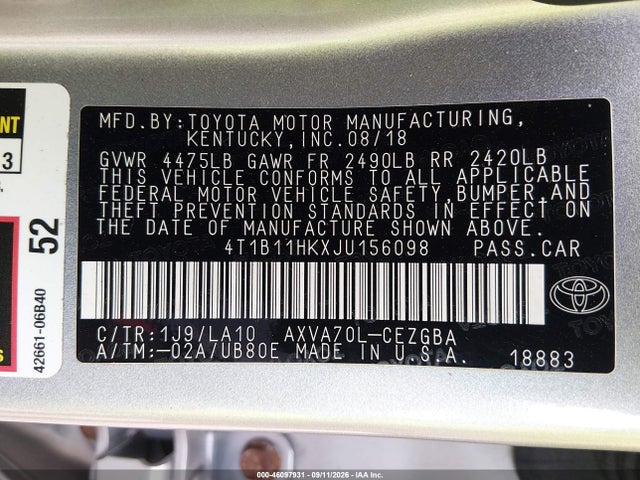 2018 Toyota Camry Xle მანქანა იყიდება აუქციონზე, vin: 4T1B11HKXJU156098, აუქციონის ნომერი: 46097931