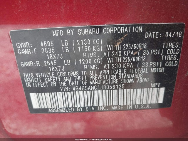 2018 Subaru Outback 2.5i Limited მანქანა იყიდება აუქციონზე, vin: 4S4BSANC1J3356125, აუქციონის ნომერი: 46097932