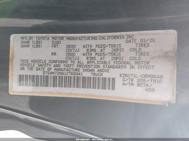 Aukcja sprzedaży 2001 Toyota Tacoma, vin: 5TEWM72N61Z768941, numer aukcji: 46097967
