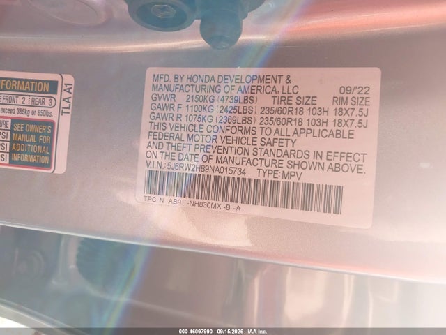 5J6RW2H89NA015734 Honda Cr-v Awd Ex-l