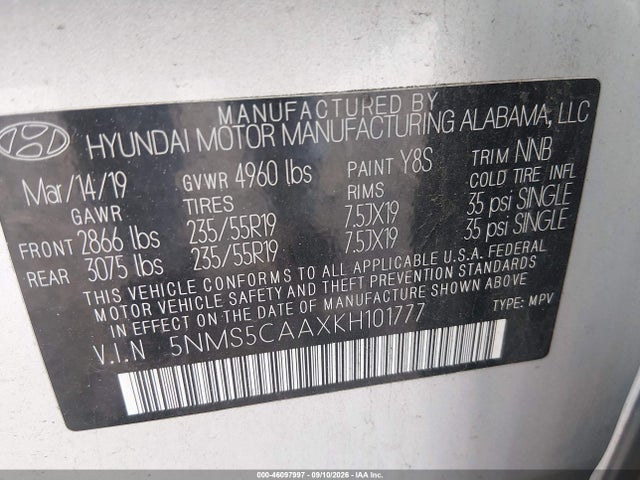 Продажа на аукционе авто 2019 Hyundai Santa Fe Ultimate 2.0t, vin: 5NMS5CAAXKH101777, номер лота: 46097997