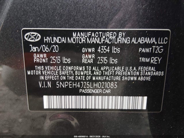 Aukcja sprzedaży 2020 Hyundai Sonata Limited, vin: 5NPEH4J25LH021083, numer aukcji: 46098014