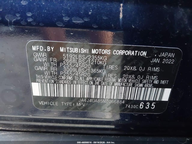 Продажа на аукционе авто 2022 Mitsubishi Outlander, vin: JA4J4UA85NZ066884, номер лота: 46098016