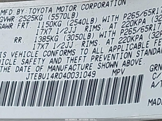 2004 Toyota 4runner Sr5 V6 მანქანა იყიდება აუქციონზე, vin: JTEBU14R040031049, აუქციონის ნომერი: 46098020