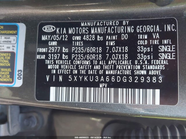 Продажа на аукционе авто 2013 Kia Sorento Ex, vin: 5XYKU3A66DG329383, номер лота: 46098023