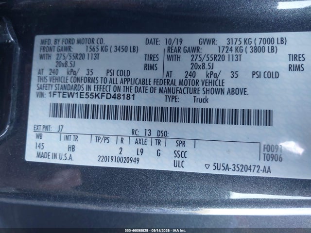 46098029 :رقم المزاد ، 1FTEW1E55KFD48181 vin ، 2019 Ford F-150 Lariat مزاد بيع
