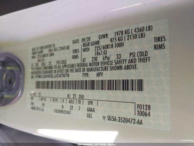 Aukcja sprzedaży 2020 Ford Escape Sel, vin: 1FMCU0H65LUC07678, numer aukcji: 46098046