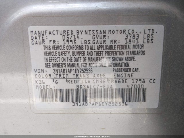 Aukcja sprzedaży 2014 Nissan Sentra S, vin: 3N1AB7AP1EY252536, numer aukcji: 46098064