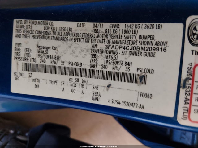 Продажа на аукционе авто 2011 Ford Fiesta Sel, vin: 3FADP4CJ0BM209916, номер лота: 46098071
