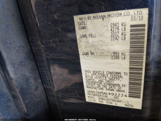 2010 Nissan Altima 2.5 S მანქანა იყიდება აუქციონზე, vin: 1N4AL2AP6AN492224, აუქციონის ნომერი: 46098079