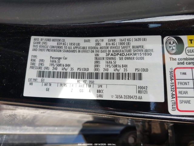 Aukcja sprzedaży 2019 Ford Fiesta St Line, vin: 3FADP4DJ4KM151890, numer aukcji: 46098088