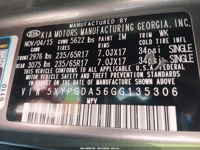 Auction sale of the 2016 Kia Sorento 3.3l Lx, vin: 5XYPGDA56GG135306, lot number: 46098105