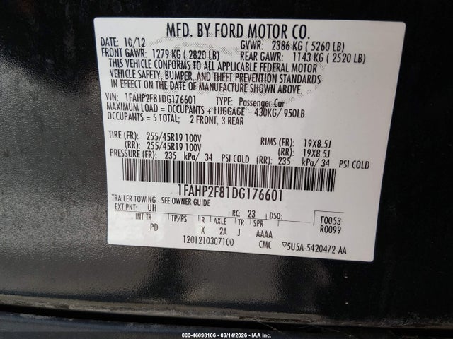 Aukcja sprzedaży 2013 Ford Taurus Limited, vin: 1FAHP2F81DG176601, numer aukcji: 46098106