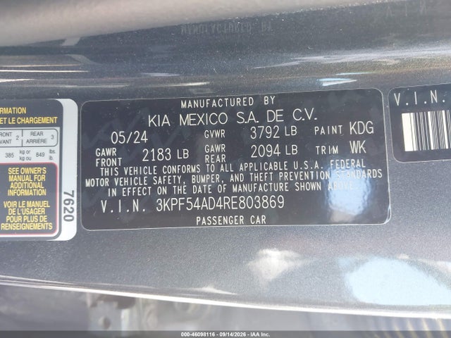2024 Kia Forte Gt-line მანქანა იყიდება აუქციონზე, vin: 3KPF54AD4RE803869, აუქციონის ნომერი: 46098116