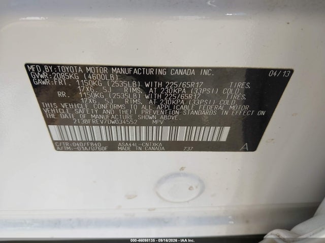 46098135 :رقم المزاد ، 2T3BFREV7DW034552 vin ، 2013 Toyota Rav4 Le مزاد بيع