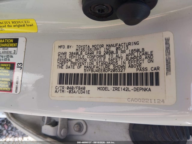 Продаж на аукціоні авто 2013 Toyota Corolla Le, vin: 5YFBU4EE8DP205327, номер лоту: 46098137