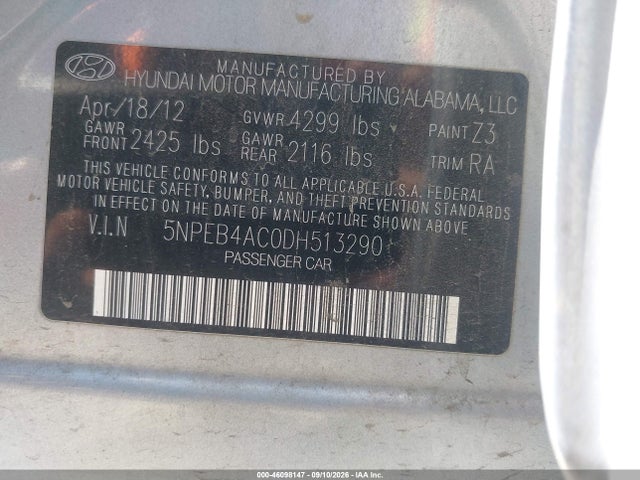 Продажа на аукционе авто 2013 Hyundai Sonata Gls, vin: 5NPEB4AC0DH513290, номер лота: 46098147