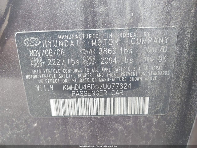 Aukcja sprzedaży 2007 Hyundai Elantra Gls/limited/se, vin: KMHDU46D57U077324, numer aukcji: 46098159
