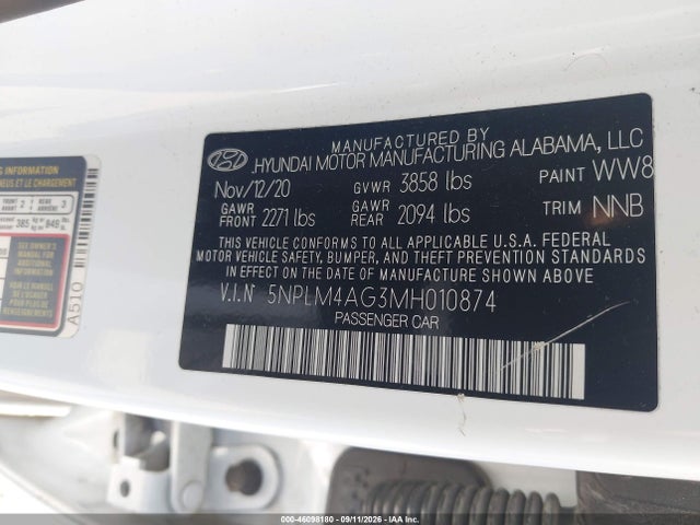 Aukcja sprzedaży 2021 Hyundai Elantra Sel, vin: 5NPLM4AG3MH010874, numer aukcji: 46098180