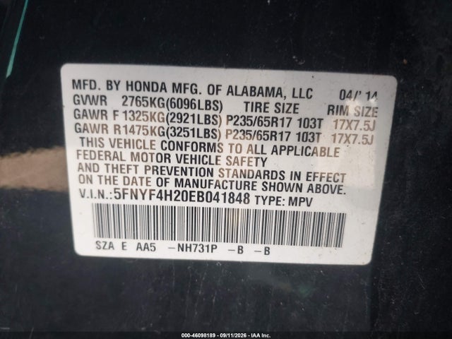 46098189 :رقم المزاد ، 5FNYF4H20EB041848 vin ، 2014 Honda Pilot Lx مزاد بيع
