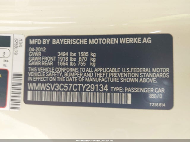 Продаж на аукціоні авто 2012 Mini Cooper S, vin: WMWSV3C57CTY29134, номер лоту: 46098198
