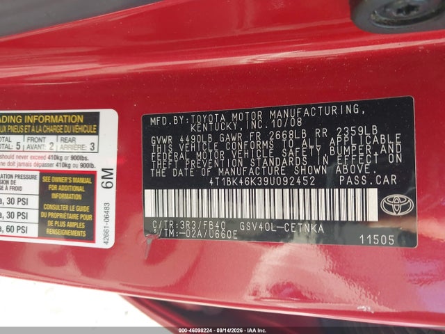 Продажа на аукционе авто 2009 Toyota Camry Le V6, vin: 4T1BK46K39U092452, номер лота: 46098224