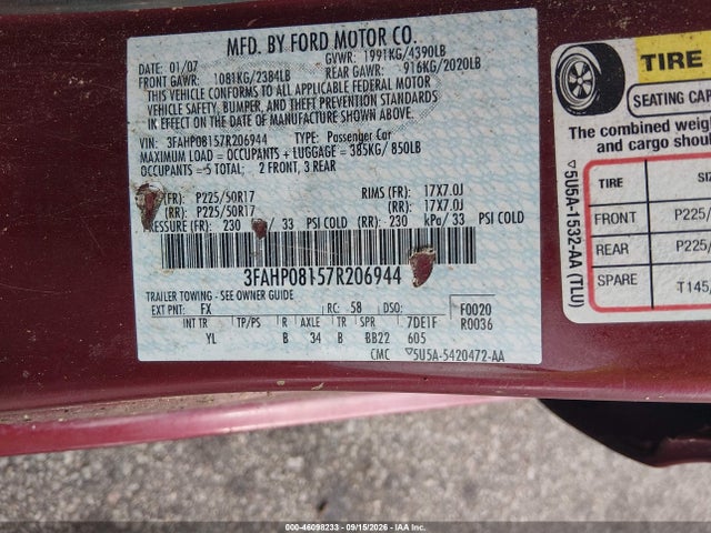 Aukcja sprzedaży 2007 Ford Fusion Sel, vin: 3FAHP08157R206944, numer aukcji: 46098233