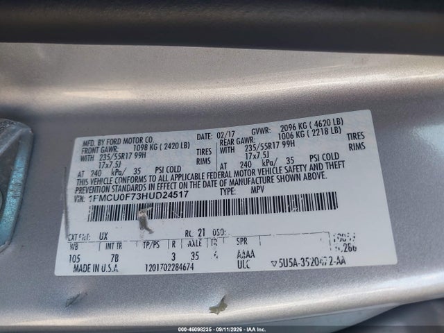 Продаж на аукціоні авто 2017 Ford Escape S, vin: 1FMCU0F73HUD24517, номер лоту: 46098235