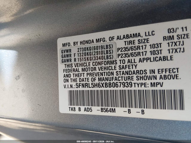 Aukcja sprzedaży 2011 Honda Odyssey Ex-l, vin: 5FNRL5H6XBB067939, numer aukcji: 46098240