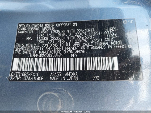 Продаж на аукціоні авто 2010 Toyota Rav4, vin: JTMBF4DV2AD036562, номер лоту: 46098241