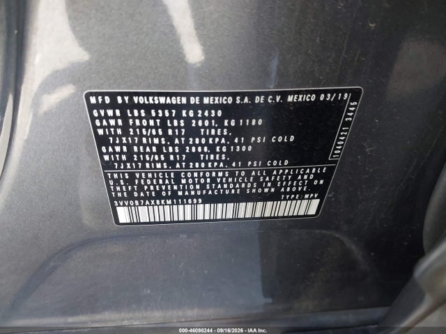 3VV0B7AX8KM111699 Volkswagen Tiguan 2.0t S