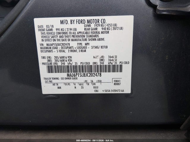 Aukcja sprzedaży 2018 Ford Ecosport S, vin: MAJ6P1SL8JC202478, numer aukcji: 46098254