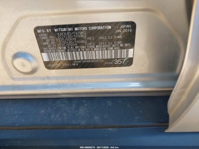 46098270 :رقم المزاد ، JA4AP3AU6KU024733 vin ، 2019 Mitsubishi Outlander Sport 2.0 Es مزاد بيع