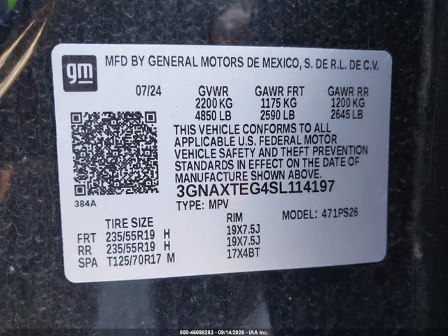 2025 Chevrolet Equinox Awd Rs მანქანა იყიდება აუქციონზე, vin: 3GNAXTEG4SL114197, აუქციონის ნომერი: 46098283