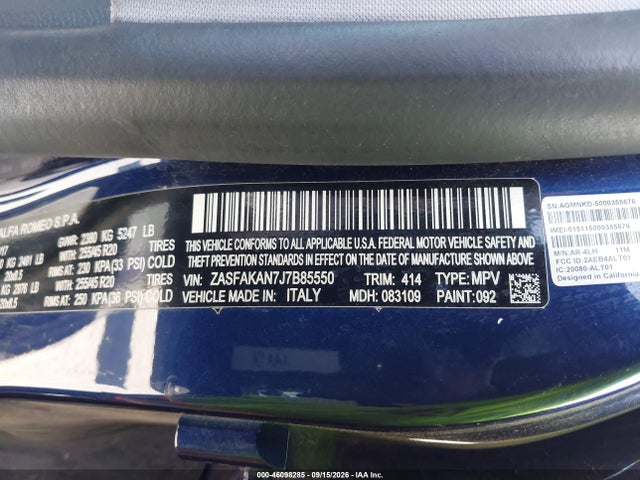 Aukcja sprzedaży 2018 Alfa Romeo Stelvio Awd, vin: ZASFAKAN7J7B85550, numer aukcji: 46098285