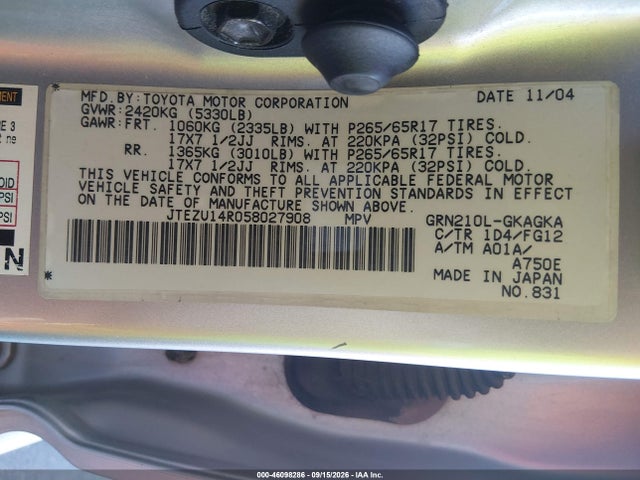 46098286 :رقم المزاد ، JTEZU14R058027908 vin ، 2005 Toyota 4runner Sr5 V6 مزاد بيع