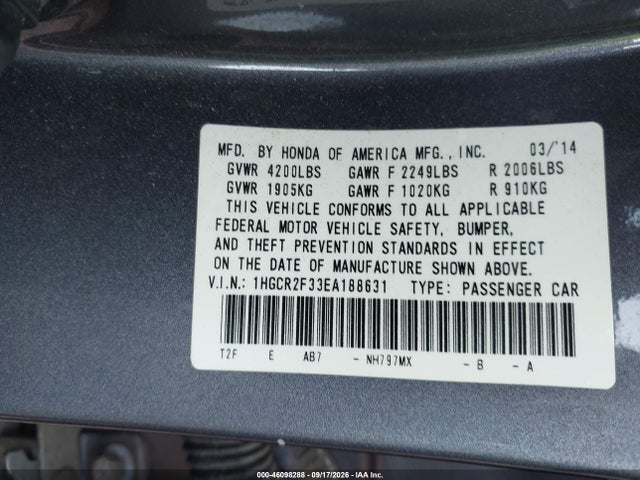 Продажа на аукционе авто 2014 Honda Accord Lx, vin: 1HGCR2F33EA188631, номер лота: 46098288