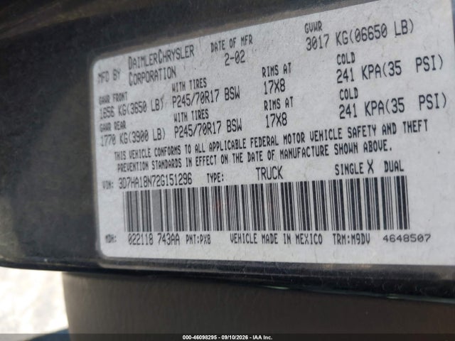 Aukcja sprzedaży 2002 Dodge Ram 1500 St, vin: 3D7HA18N72G151296, numer aukcji: 46098295