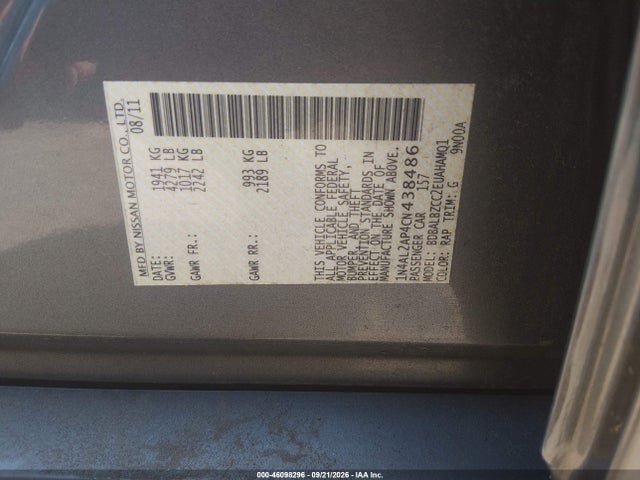 Aukcja sprzedaży 2012 Nissan Altima 2.5 S, vin: 1N4AL2AP4CN438486, numer aukcji: 46098296