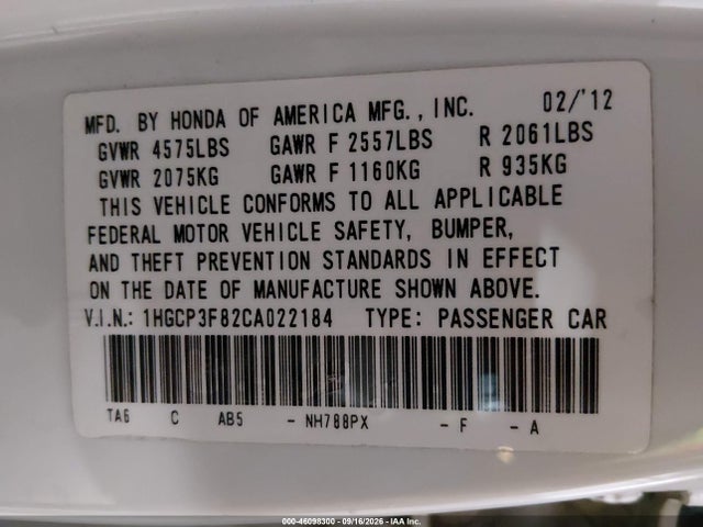 46098300 :رقم المزاد ، 1HGCP3F82CA022184 vin ، 2012 Honda Accord 3.5 Ex-l مزاد بيع